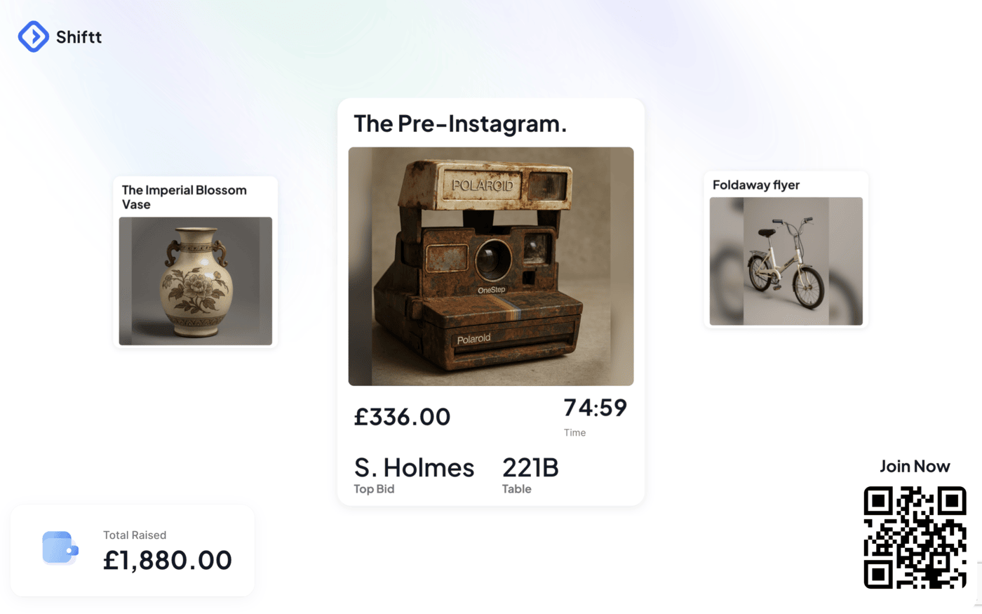 Shiftt auction platform showing live bidding